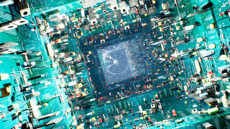 Technological background of the circuit Board. Inside the unusual computer are electronic components: chips, transistors, LEDs, semiconductors. 3D Rendering.の写真素材