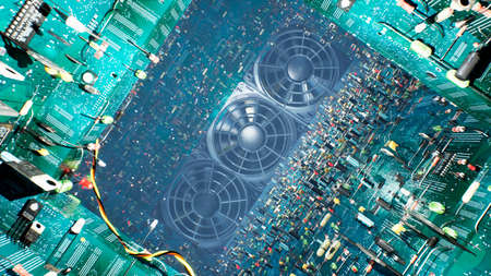 Technological background of the circuit Board. Inside the unusual computer are electronic components: chips, transistors, LEDs, semiconductors. 3D Rendering.の写真素材