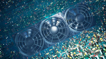 Technological background of the circuit Board. Inside the unusual computer are electronic components: chips, transistors, LEDs, semiconductors. 3D Rendering.の写真素材