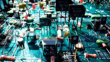 Electronic components inside a technological device: microchips, transistors, LEDs, and semiconductors. 3D Rendering.の写真素材
