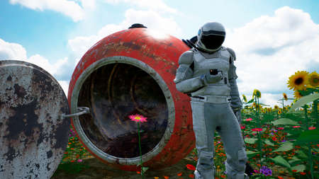 The research astronaut has returned to his planet and is trying to contact someone by phone. 3D Rendering.の写真素材