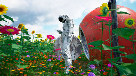 The research astronaut has returned to his planet and is trying to contact someone by phone. 3D Rendering.の写真素材