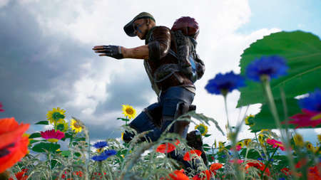 A young man runs from danger on a flower field. 3D Rendering.の写真素材