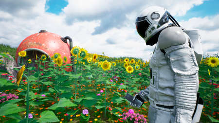 The research astronaut has returned to his planet and is trying to contact someone by phone. 3D Rendering.の写真素材