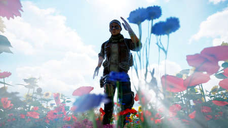 A young man runs from danger on a flower field. 3D Rendering.の写真素材