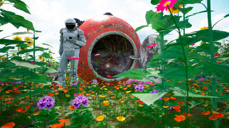 The research astronaut has returned to his planet and is trying to contact someone by phone. 3D Rendering.の写真素材