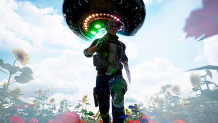 An alien spaceship chases a man running through a flower field. 3D Rendering.の写真素材