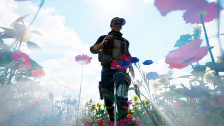 A young man runs from danger on a flower field. 3D Rendering.の写真素材