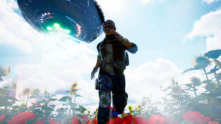 An alien spaceship chases a man running through a flower field. 3D Rendering.の写真素材