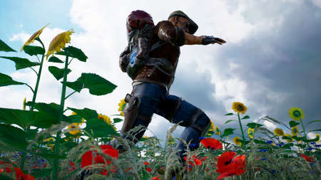 A young man runs from danger on a flower field. 3D Rendering.の写真素材