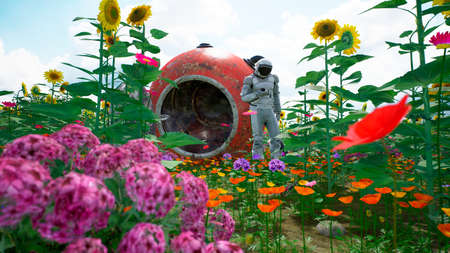 The research astronaut has returned to his planet and is trying to contact someone by phone. 3D Rendering.の写真素材