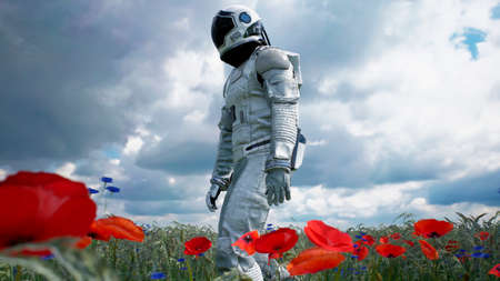 An astronaut-Explorer is walking on a blooming planet. 3D Rendering.の写真素材