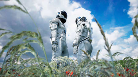 Meeting of two astronauts in love on an alien blooming planet. 3D Rendering.の写真素材