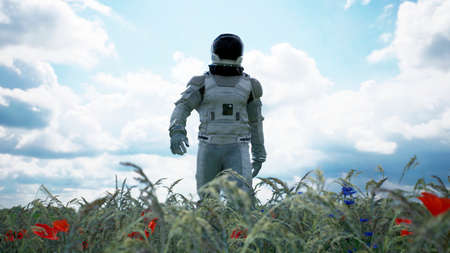 An astronaut-Explorer is walking on a blooming planet. 3D Rendering.の写真素材