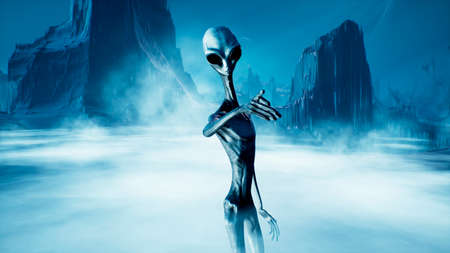 The alien makes an accusing and threatening gesture pointing his index finger. 3D Rendering.の写真素材