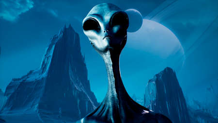 The alien makes an accusing and threatening gesture pointing his index finger. 3D Rendering.の写真素材