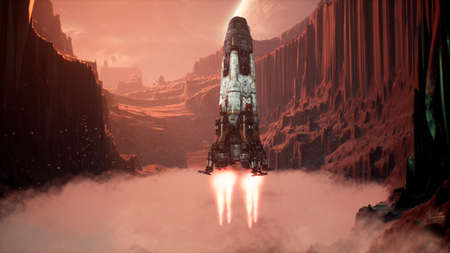 A space rocket lands on an unknown beautiful planet. 3D Rendering.の写真素材