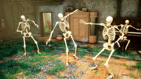 Skeletons dancing a fun dance in an old ruined house. The concept of a post-apocalyptic world or Halloween horror. 3D Rendering.の写真素材