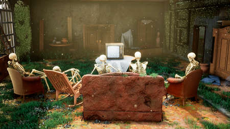 Several skeletons sit in a close family circle in an abandoned house and watch static noise on an old TV. The concept of a post-apocalyptic world or Halloween horror. 3D Rendering.の写真素材
