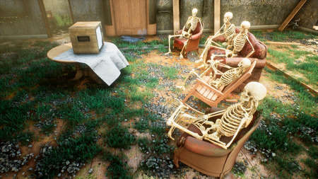 Several skeletons sit in a close family circle in an abandoned house and watch static noise on an old TV. The concept of a post-apocalyptic world or Halloween horror. 3D Rendering.の写真素材
