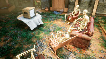 Several skeletons sit in a close family circle in an abandoned house and watch static noise on an old TV. The concept of a post-apocalyptic world or Halloween horror. 3D Rendering.の写真素材