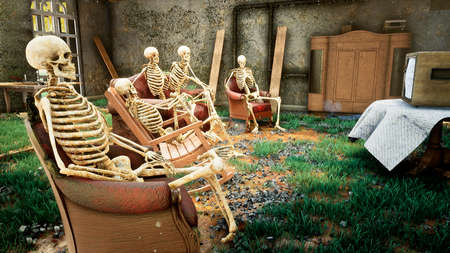 Several skeletons sit in a close family circle in an abandoned house and watch static noise on an old TV. The concept of a post-apocalyptic world or Halloween horror. 3D Rendering.の写真素材