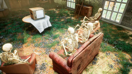 Several skeletons sit in a close family circle in an abandoned house and watch static noise on an old TV. The concept of a post-apocalyptic world or Halloween horror. 3D Rendering.の写真素材