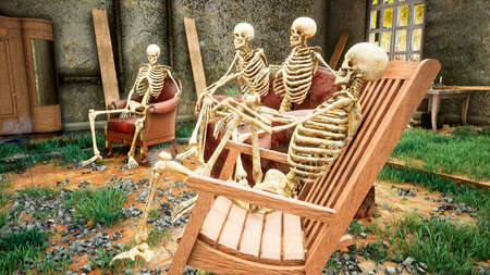Several skeletons sit in a close family circle in an abandoned house and watch static noise on an old TV. The concept of a post-apocalyptic world or Halloween horror. 3D Rendering.の写真素材