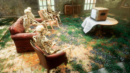 Several skeletons sit in a close family circle in an abandoned house and watch static noise on an old TV. The concept of a post-apocalyptic world or Halloween horror. 3D Rendering.の写真素材
