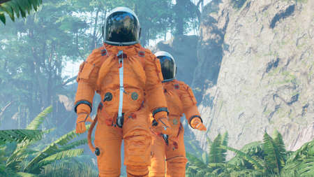 The astronauts-scientists are studying a foreign green deserted planet. 3D Rendering.の写真素材
