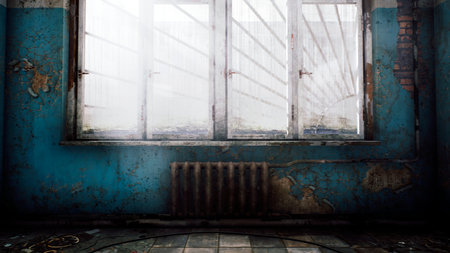 Corridor of an abandoned hospital with debris and dust on the floor. View of an abandoned...