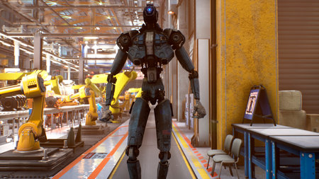 A futuristic robot checks an automatic production line in a car factory. 3D Rendering.の写真素材