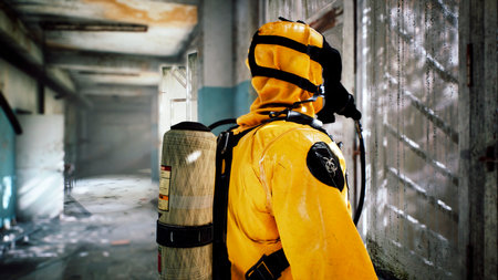 An ordinary morning of a person in a special suit of a survivor after a nuclear war or a deadly virus pandemic. The concept of a post-apocalyptic world. 3D Rendering.の写真素材