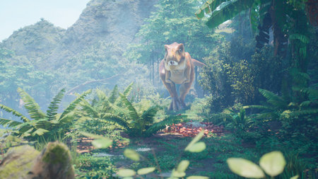 The Tyrannosaurus Rex dinosaur slowly creeps up on its prey in a thicket of green prehistoric jungle. View of the green prehistoric jungle forest on a Sunny morning. 3D Rendering.の写真素材