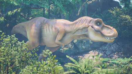 The Tyrannosaurus Rex dinosaur slowly creeps up on its prey in a thicket of green prehistoric jungle. View of the green prehistoric jungle forest on a Sunny morning. 3D Rendering.の写真素材