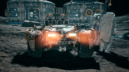Meeting of astronauts at the lunar base near the lunar rover. View of the lunar colony and astronauts working at the space base. 3D Rendering.の写真素材
