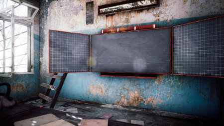Abandoned ruined school with rubbish on the dusty floor. View of an abandoned apocalyptic school. 3D Rendering.の写真素材