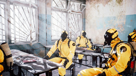 Survivors in special suits after a nuclear war or a deadly viral pandemic meet in a destroyed building. Post-apocalyptic world concept. 3D Rendering.の写真素材