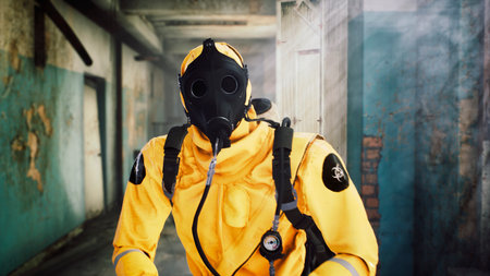 A man in a special suit destroys a coronavirus infection with one blow. Post-apocalyptic world concept. 3D Rendering.の写真素材