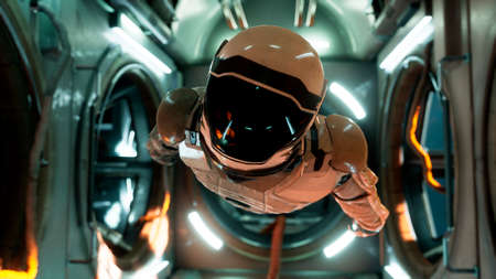 Somewhere in distant space, an astronaut hovers inside his spaceship. 3D Rendering.の写真素材