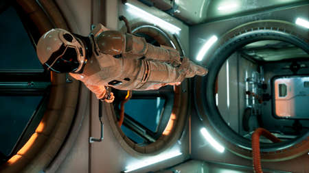 An astronaut in zero gravity checks the module of his spaceship. 3D Rendering.の写真素材