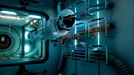 The astronaut flies in zero gravity modulo his spacecraft. 3D Rendering.の写真素材
