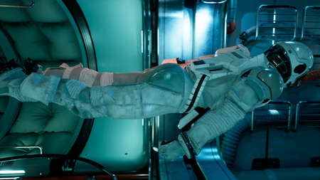 The astronaut flies in zero gravity modulo his spacecraft. 3D Rendering.の写真素材