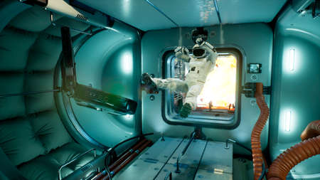 A powerful explosion of fuel occurred on the spacecraft, depressurizing the spacecraft. 3D Rendering.の写真素材