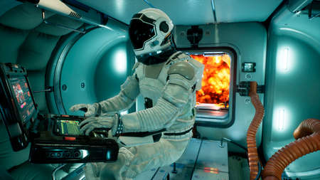 A powerful explosion of fuel occurred on the spacecraft, depressurizing the spacecraft. 3D Rendering.の写真素材