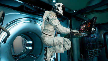 An astronaut in a spaceship is watching through a porthole for an alien, unexplored planet. 3D Rendering.の写真素材