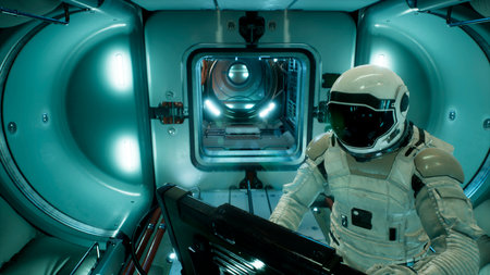 An astronaut in a spaceship is watching through a porthole for an alien, unexplored planet. 3D Rendering.の写真素材