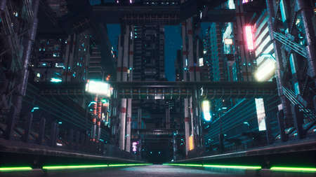 Night city of the future with neon lights, futuristic trains and flying cars. View of an future city. 3D Rendering.の写真素材