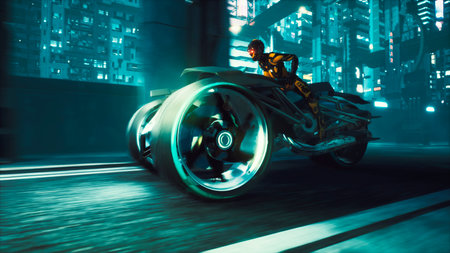 Cyborg chases a girl on a motorcycle through the night streets of a neon cyber city. View of an future fiction city. 3D Rendering.の写真素材