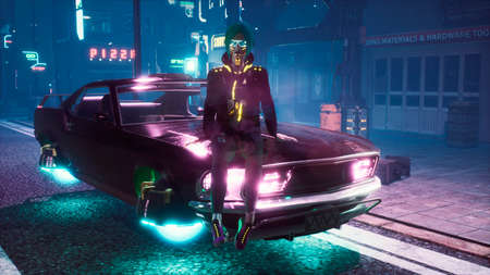 A girl is resting on the hood of her flying car in the middle of the night street of a neon cyber city. View of an future city. 3D Rendering.の写真素材
